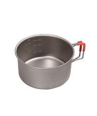 Evernew titanium camping cup with folding handle, ideal for compact, space-saving cooking and hydration on trails.