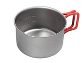 Evernew titanium camping cup with folding handle for easy packing.