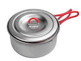 Evernew titanium camping pot with folding handle for ultralight packing on the trail