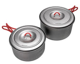 Evernew titanium camping pot set nested for compact packing.