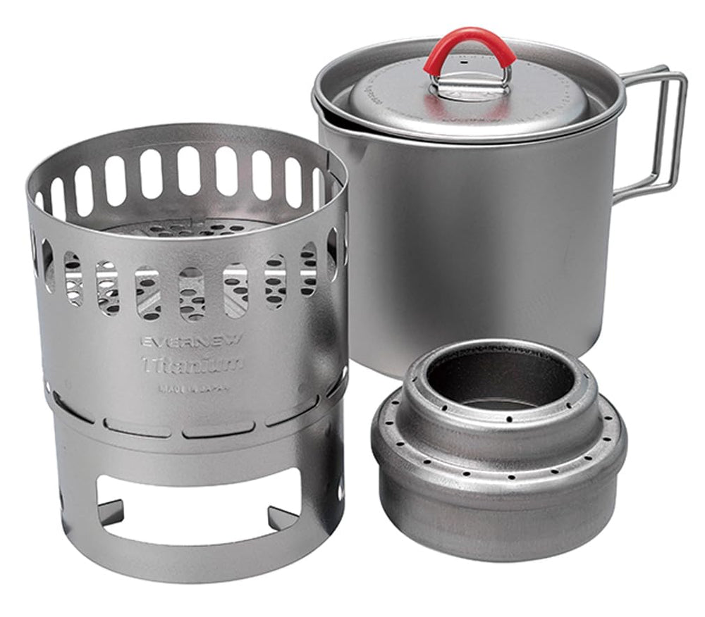 Evernew titanium mug pot shows a stable base for steady cooking on camp stoves.