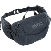EVOC HIP PACK 3L front view in black showing secure fit for long rides.