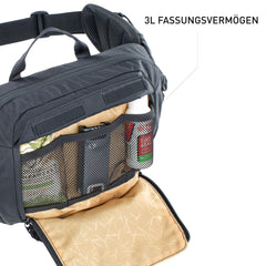 EVOC HIP PACK 3L includes 1.5L hydration bladder ready for on-the-go sipping.