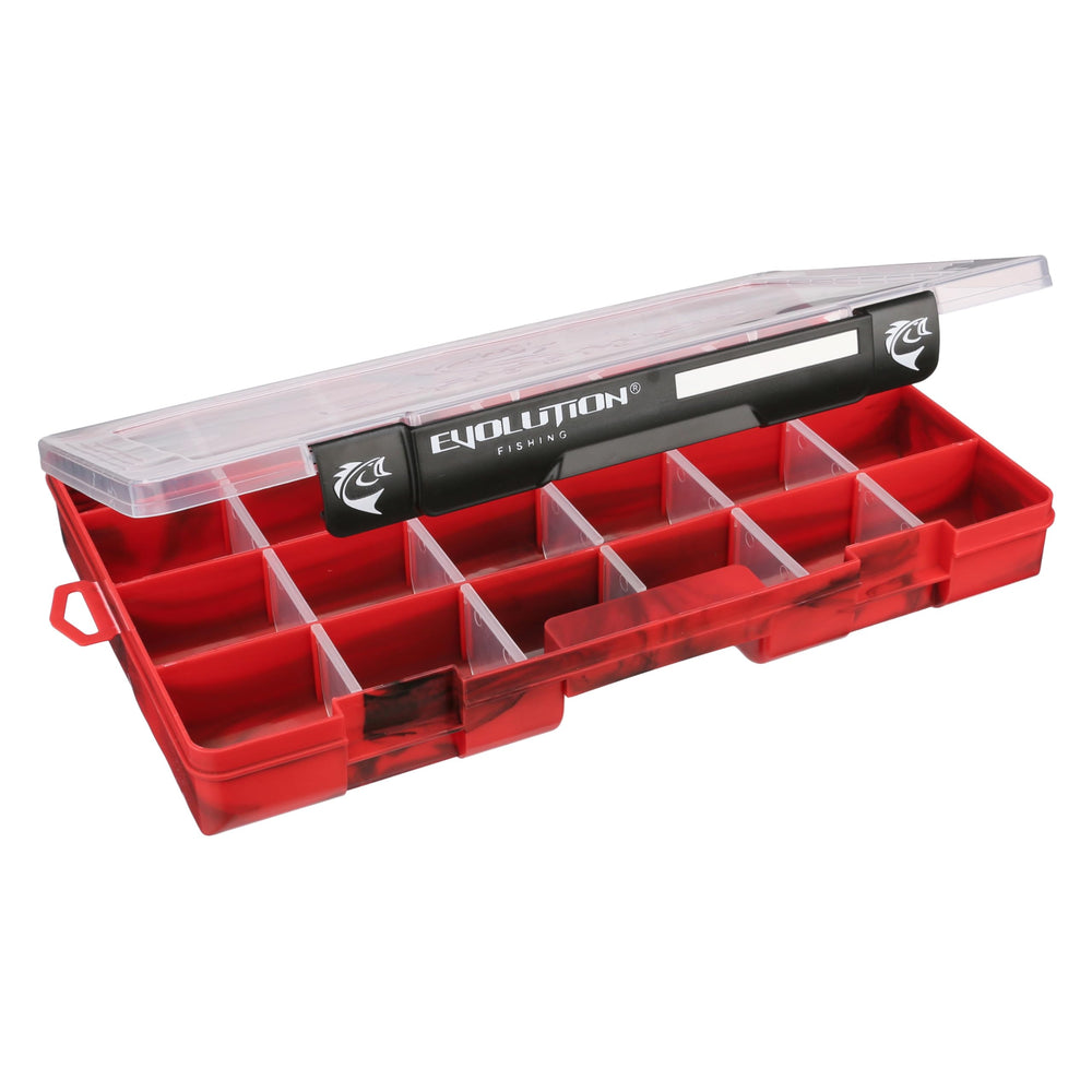 Evolution Outdoor Drift Series QuikLatch tackle tray red pack with clear lid for quick content ID.