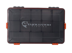 Evolution Outdoor orange-latches removable compartments proving customizable storage for lures and tackle
