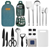 EWOVUV camping utensils set with storage bag keeps tools organized for quick outdoor meals.
