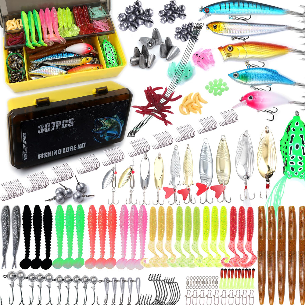 EXAURAFELIS 207-piece fishing lure set displayed in portable tackle box
