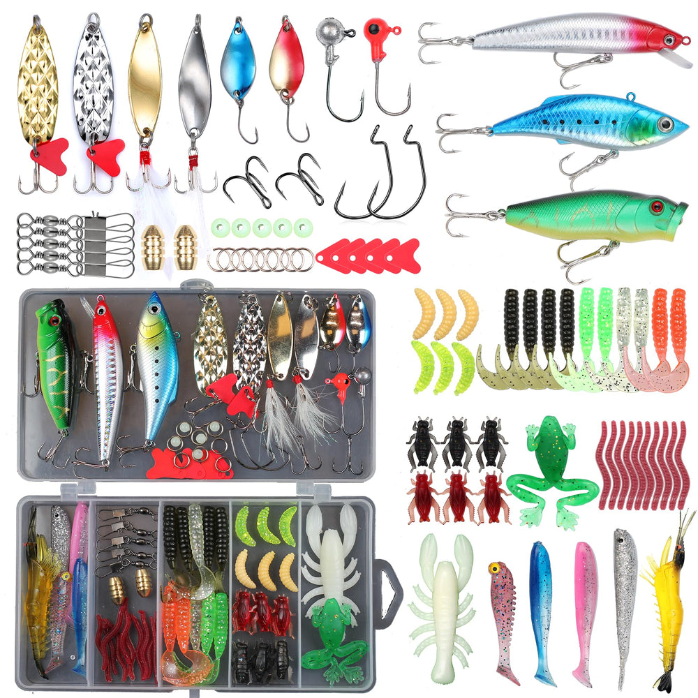 EXAURAFELIS 79-piece fishing lure set in tackle box front view