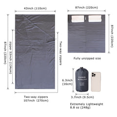 Exermil silk sleep sack unzipped into an 87x87 blanket for versatile use