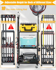 Sturdy rack holding up to 10 fishing rods in organized storage
