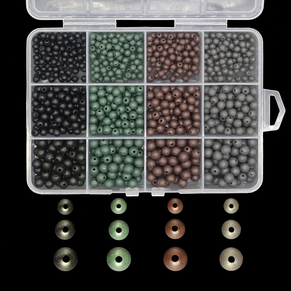 Eyebeads 1000pcs soft plastic round carp beads in dark colors (4mm, 5mm, 6mm) arranged for display