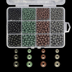 Eyebeads 1000pcs soft plastic round carp beads in dark colors (4mm, 5mm, 6mm) arranged for display