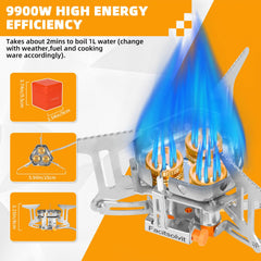 Facitsolvit 9900W windproof stove side view showing compact camp setup.