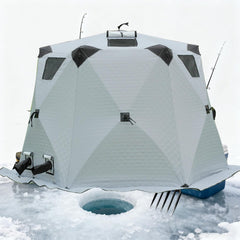 Factildfulzhan ice shelter with dual-layer insulation for warmth and condensation control.