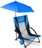 FAIR WIND beach chair with navy blue umbrella provides portable shade for sunny days.