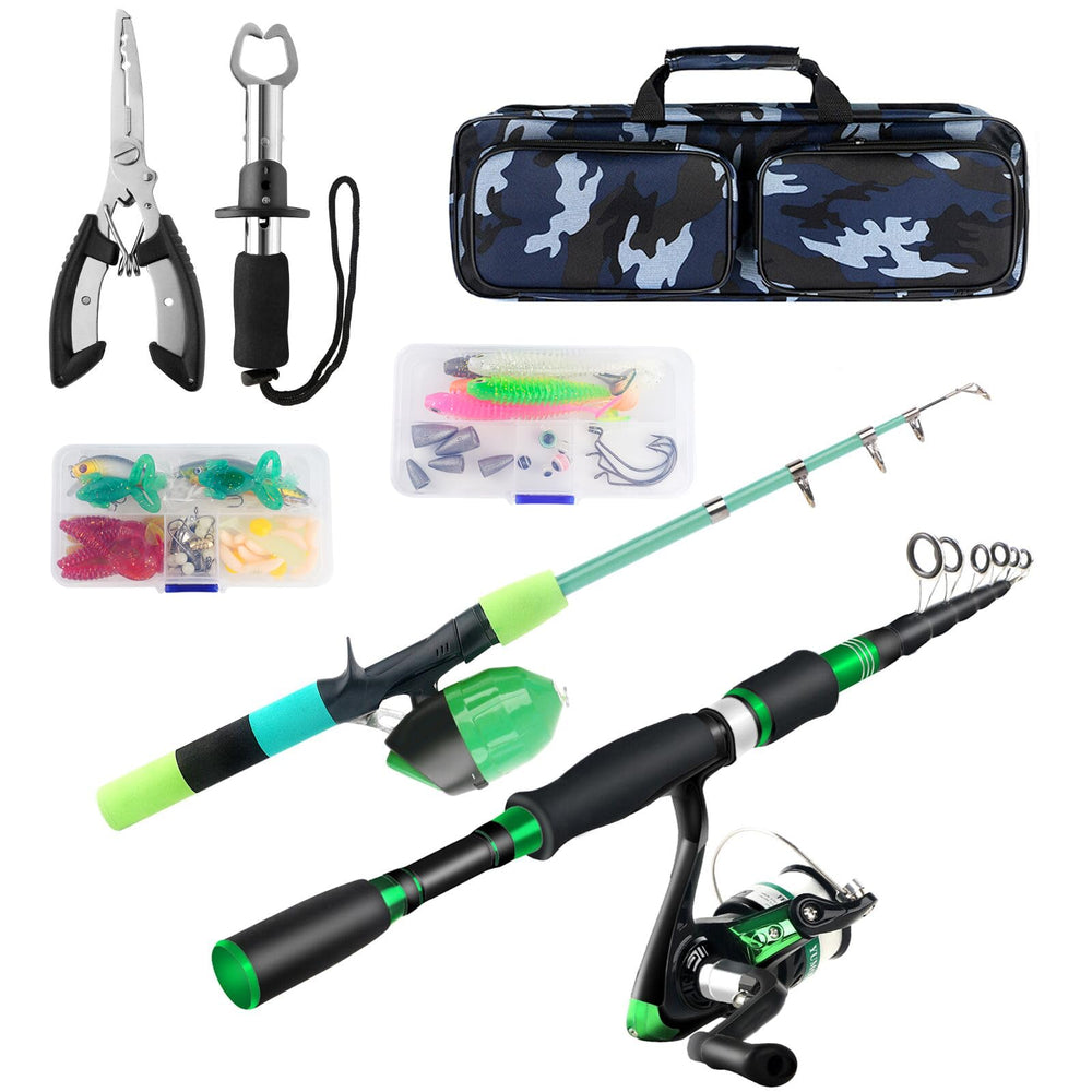 Two telescopic fishing rods for adults and kids with a travel bag