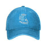 FAMLEE Here Fishy Fishy Hat front graphic in blue for casual wear.