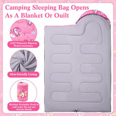 Fanfanwin unicorn pink sleeping bag with adjustable hood drawstring warmth feature