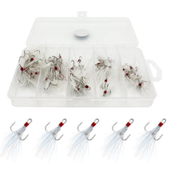 Front view of FANGBLUE 50Pcs Treble Hooks with Feather in box