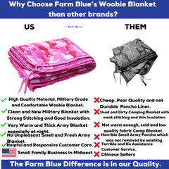 Farm Blue Pink Camo Woobie Blanket in car emergency setup for warmth
