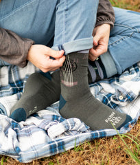 Closeup knit texture of Farm to Feet Floyd socks in denim blue heather