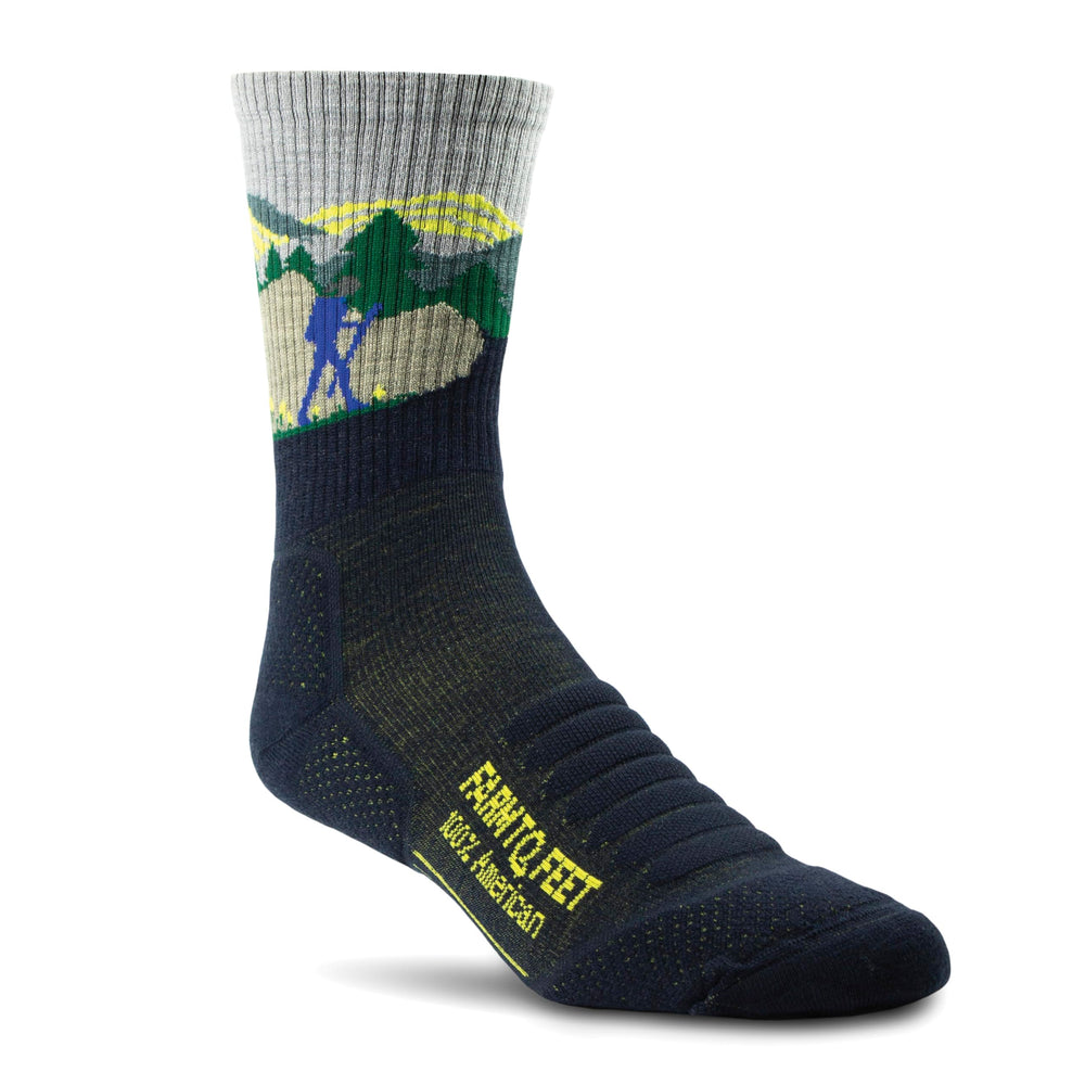 Farm To Feet Total Eclipse Blue Ridge Crew Socks worn on foot for all‑day comfort and versatility.