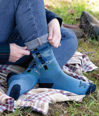 Farm to Feet Zoar Wooly Blue on foot demonstrates versatile use.