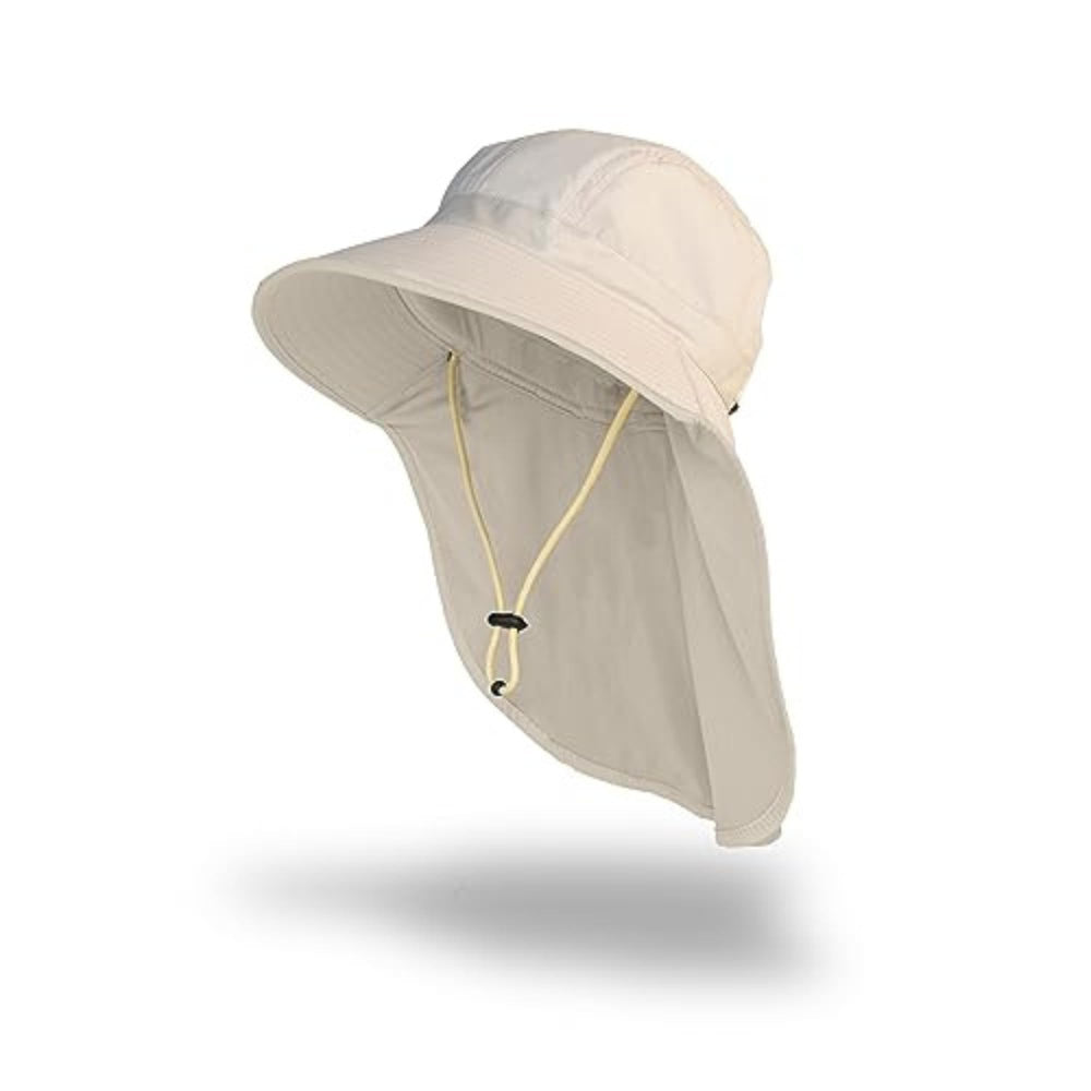 Cream FARMER'S DEFENSE Sun Hat with wide brim and neck flap - front view
