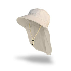 Cream FARMER'S DEFENSE Sun Hat with wide brim and neck flap - front view