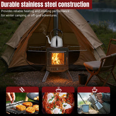 FASDRESS tent stove with five pipes, ready for steady heat in shelters.