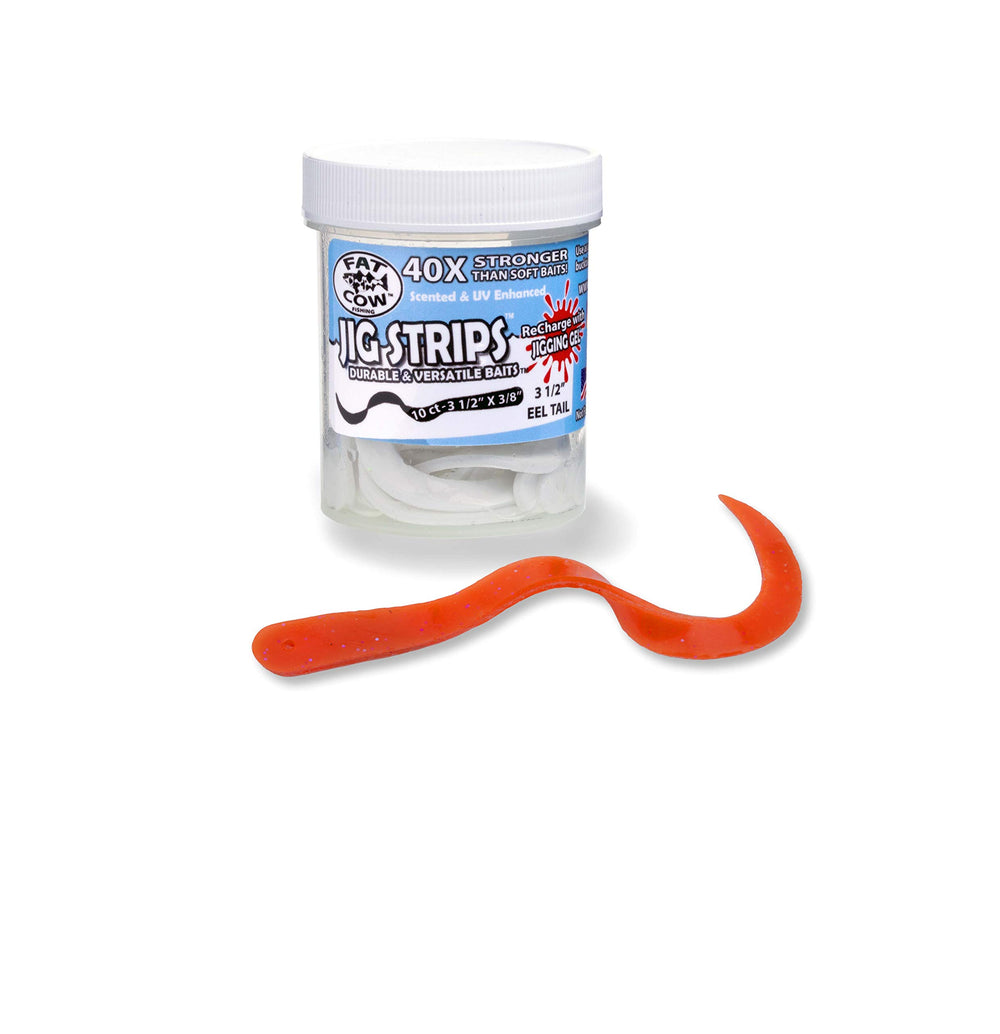 Fat Cow jig strips eel tail Salmon Blaze boost action and visibility on lures.
