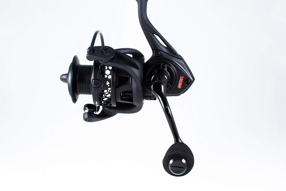 Favorite Sick Stick Spinning Reel front view highlighting lightweight carbon body for smooth performance.