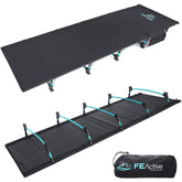 FE Active folding camping cot in its carry bag for easy transport.
