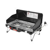 Feasto 2-Burner propane stove with folding legs for easy transport during camping.