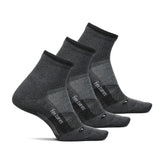 Feetures Trail Max Cushion mini quarter sock gray, reinforced zones for durable trail wear.