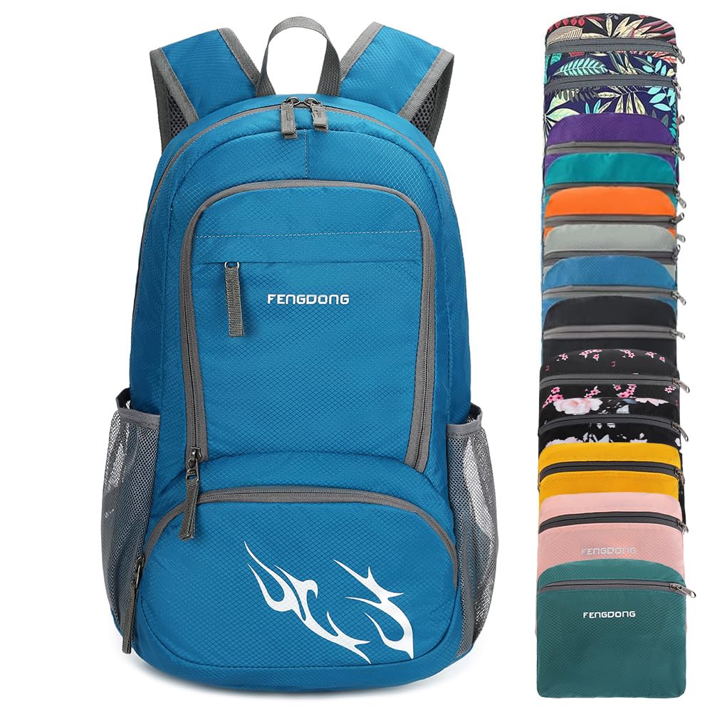 FENGDONG 35L backpack folded compactly for travel storage and packing convenience.