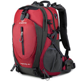 FENGDONG 40L backpack front view highlighting water resistance and roomy main compartment.