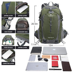 FENGDONG 40L waterproof backpack side pocket highlighting storage options.