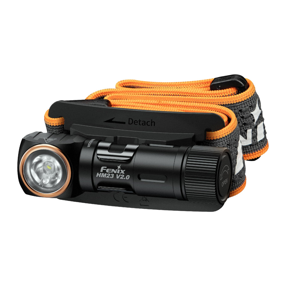 Fenix headlamp front view highlights compact aluminum body and focused beam reach