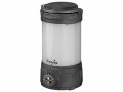 Fenix CL26R Pro lantern in grey camo lighting a campsite at night