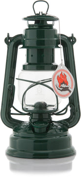 Feuerhand 12621 Baby Special 276 Moss Green front view shows durable powder-coated lantern for outdoor use.