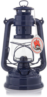 Feuerhand Baby Special 276 cobalt blue lantern front view, reliable ambient light for outdoor evenings.