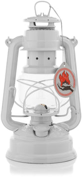 Feuerhand Baby Special 276 Pure White lantern, front view showing classic design and glow for outdoor evenings.
