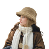 Clakllie Khaki Faux Fur Bucket Hat with Ear Flaps - front view