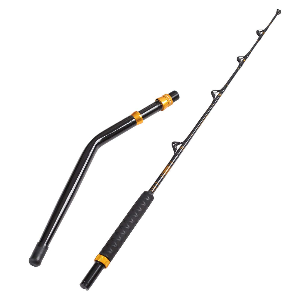 Fiblink bent butt rod with roller guides for saltwater trolling and improved line control