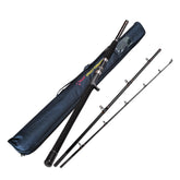 Fiblink portable offshore 3-piece rod ready for boat or plane transport with easy packing.