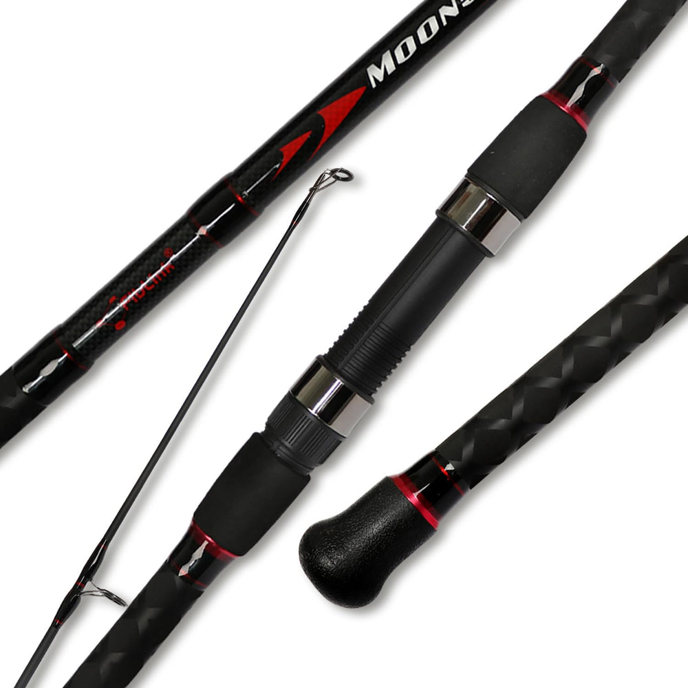 Fiblink surf spinning rod in black-red design enhances beach fishing appeal and durability