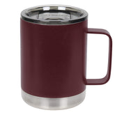 FIFTY/FIFTY brick-red camp mug with slide lid, durable 12oz design for hot or cold drinks.