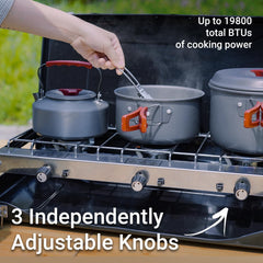 FineFlame three-burner stove with regulator ready for outdoor family meals