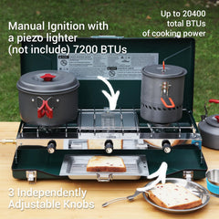 FineFlame camping stove regulator visible for steady heat control.